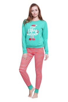 Pijamale dama Serena, maneca lunga, pantaloni lungi, imprimeu stop effing around, Verde Pijamale dama Serena, maneca lunga, pantaloni lungi, imprimeu stop effing around, Verde