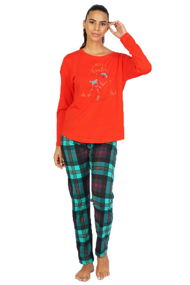 Pijamale dama Serena, maneca lunga, pantaloni lungi, imprimeu hello winter, Rosu