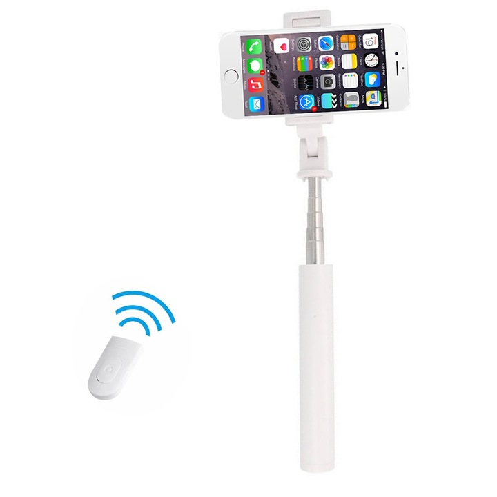 Selfie stick Yourz K11 + Távirányító fényképezéshez, Bluetooth vezérlés, max 76,2 cm, Fehér