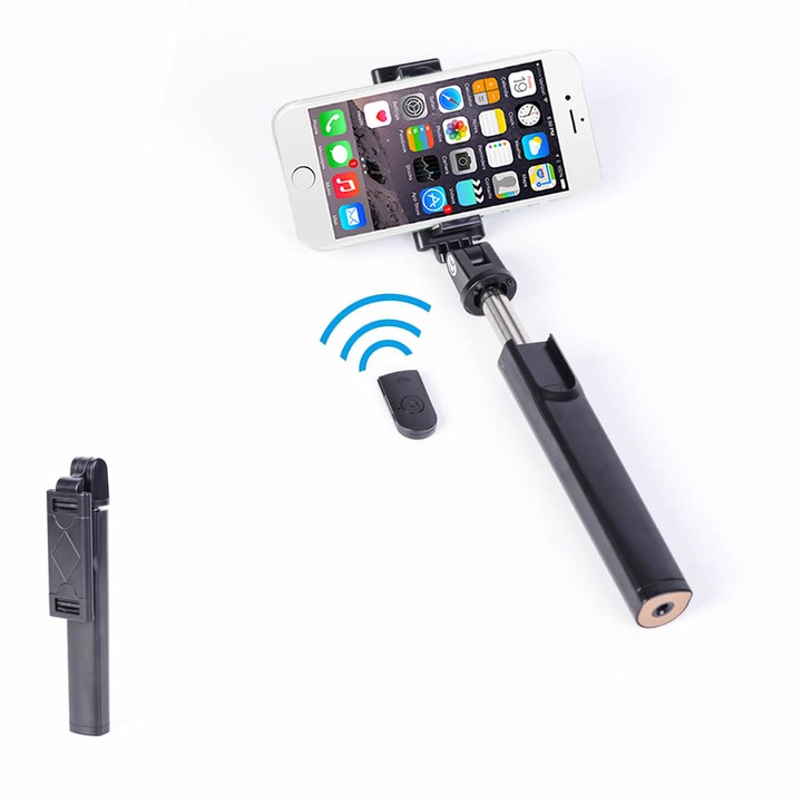 Селфи стик Yourz K11, Дистанционно за снимане, Bluetooth контрол, max 76.2 см, Черен