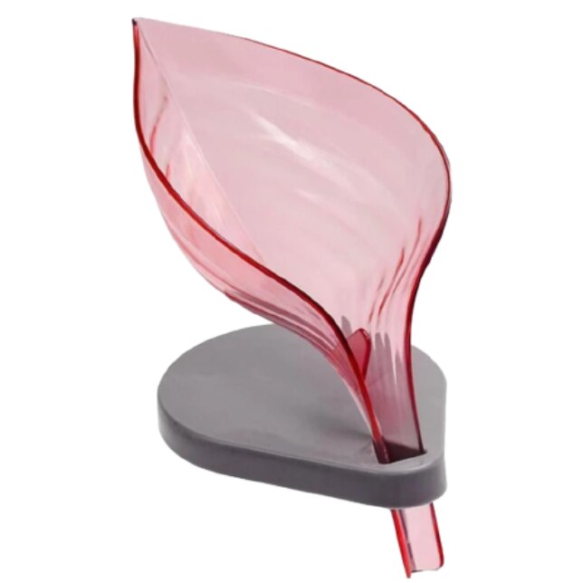 Sapuniera Inteligenta cu Scurgere, Model Frunza, plastic, cu ventuze,12.5 x 12 x 9 cm , Roz / Transparent , BCT