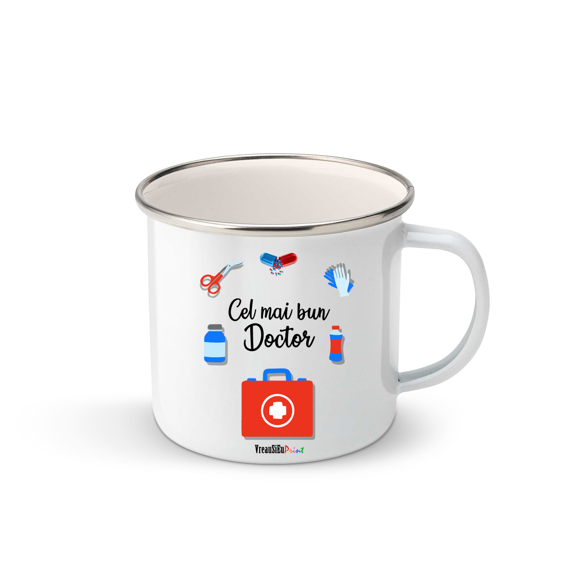 Cana metalica cu email, personalizata cu mesajul 