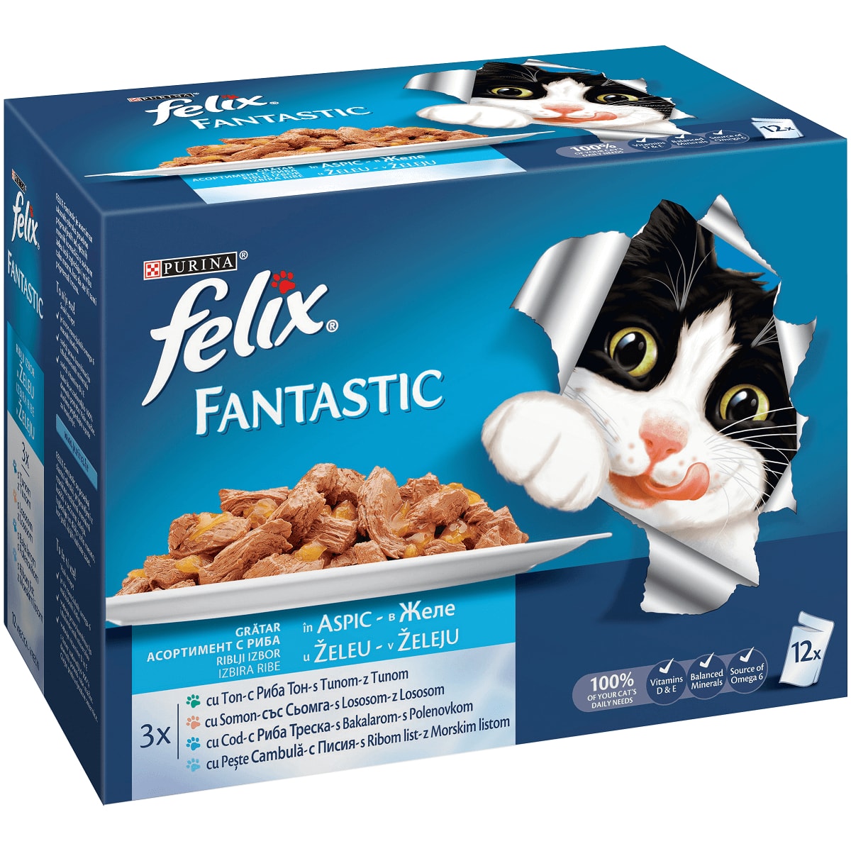 Hrana umeda pentru pisici Felix Fantastic, Ton, Somon, Cod & Cambula, 12x100g