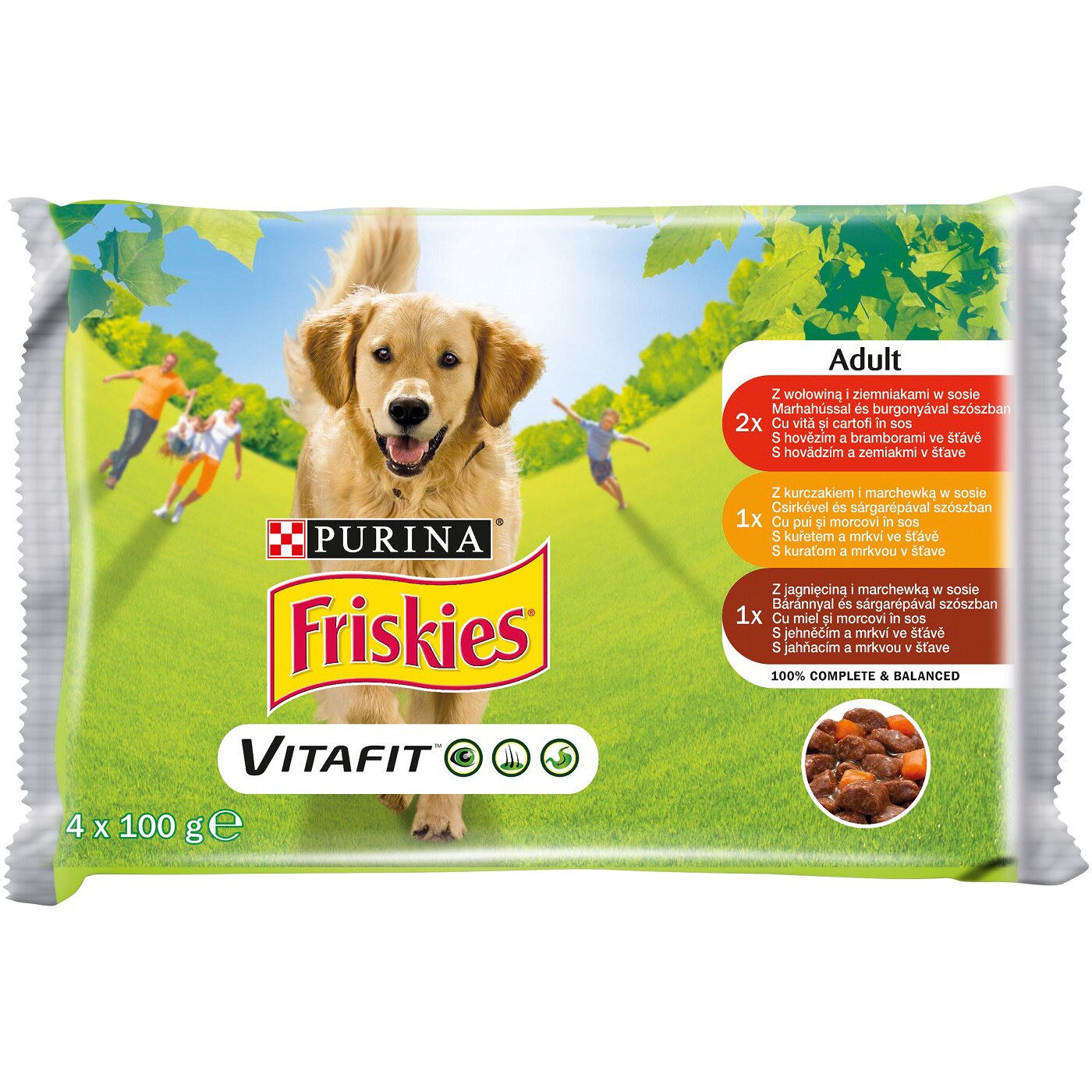 Hrana umeda pentru caini, Friskies Adult, Pui, Vita & Miel, 4 x 100g