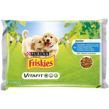 Hrana umeda pentru caini, Friskies Junior, Pui & Morcovi, 4 x 100g Hrana umeda pentru caini, Friskies Junior, Pui & Morcovi, 4 x 100g