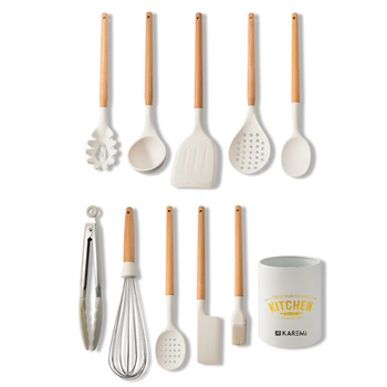Set 10 ustensile de bucatarie Karemi, din silicon termorezistent si maner lemn, alb Set 10 ustensile de bucatarie Karemi, din silicon termorezistent si maner lemn, alb