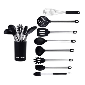 Set 9 ustensile de bucatarie Karemi, din silicon termorezistent si maner otel, negru Set 9 ustensile de bucatarie Karemi, din silicon termorezistent si maner otel, negru