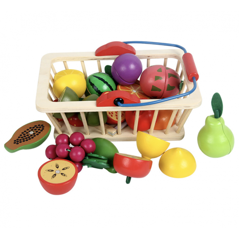 Set Montessori 16 Piese MSN, Cosul cu fructe de taiat, din lemn - Krista®