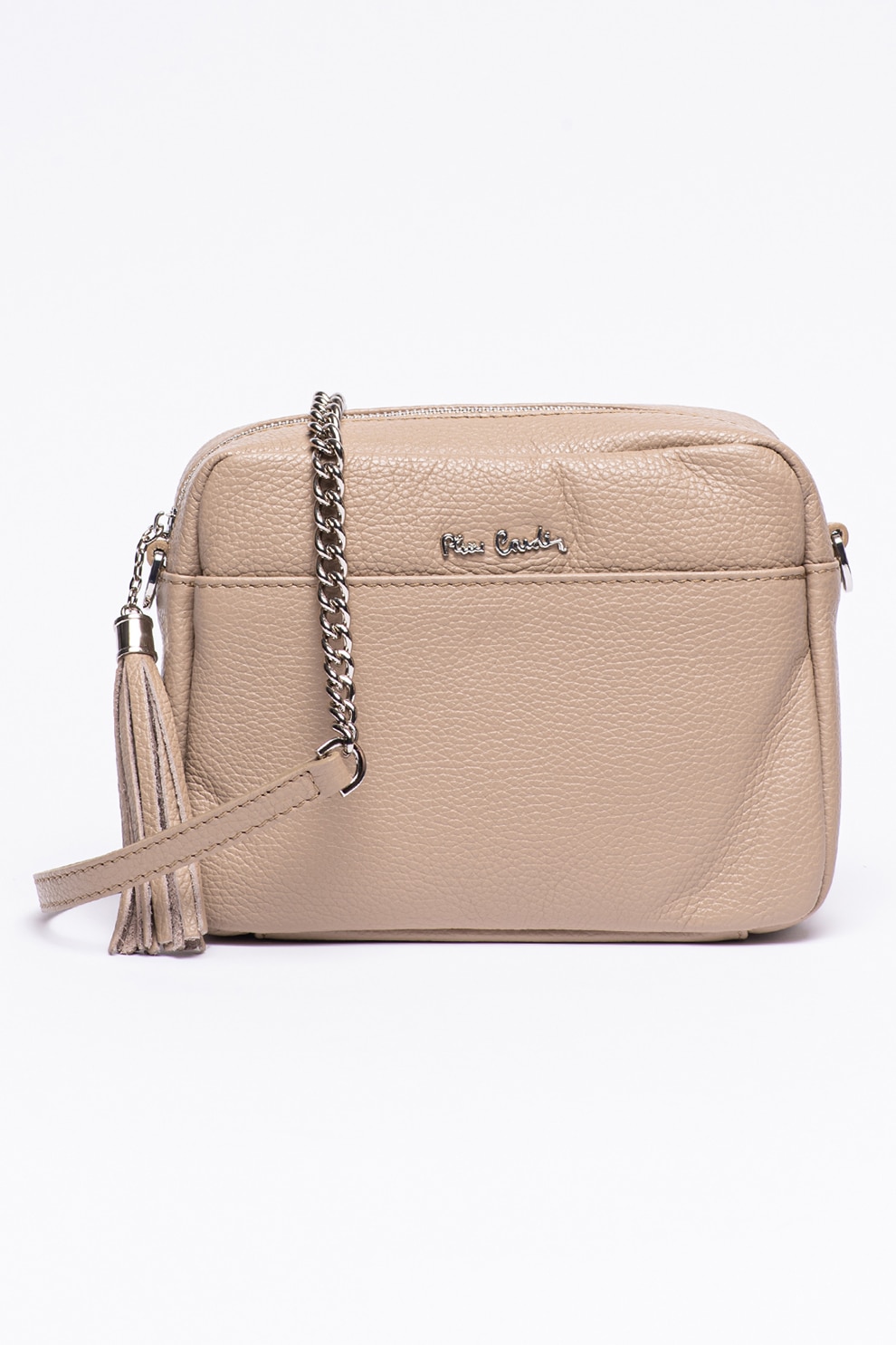 Pierre Cardin, Geanta crossbody de piele cu canafi, maro taupe