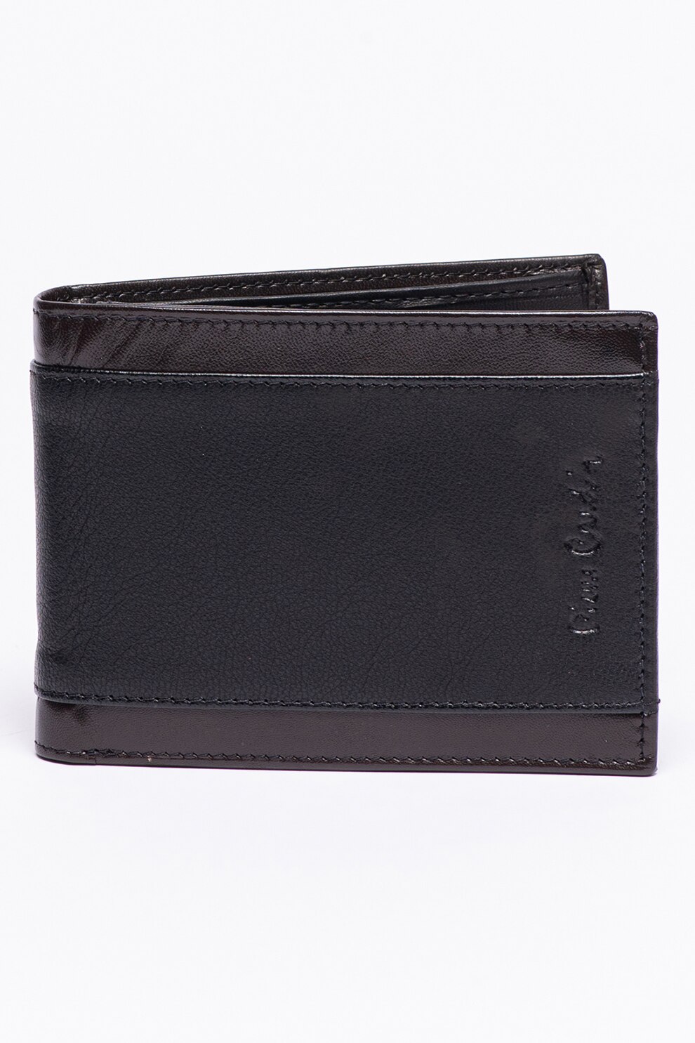 Pierre Cardin, Portofel de piele cu logo stantat, Negru/Maro