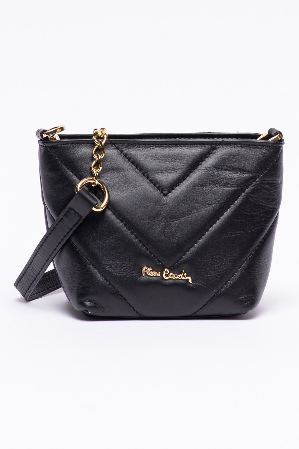 Pierre Cardin, Geanta mica de piele cu bareta de umar si cusaturi Chevron, Negru