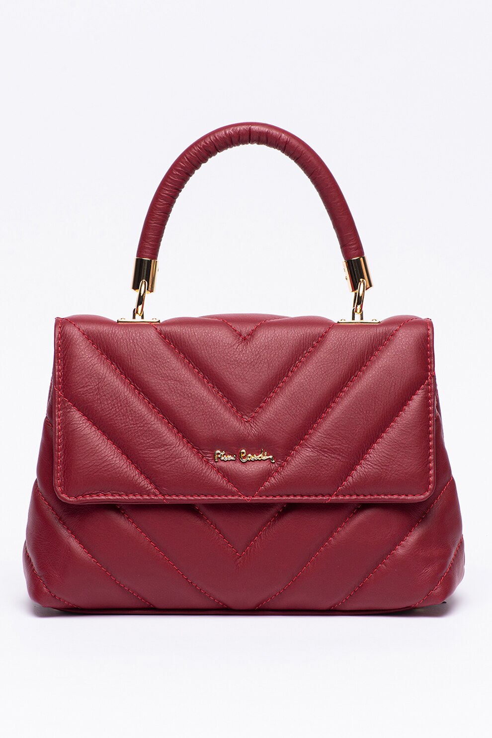 Pierre Cardin, Geanta de piele cu bareta de umar si cusaturi Chevron, Bordeaux
