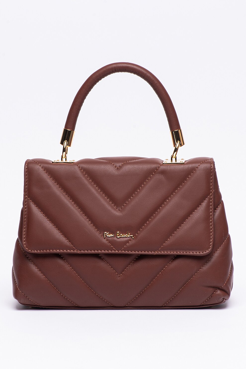 Pierre Cardin, Geanta de piele cu bareta de umar si cusaturi Chevron, Maro