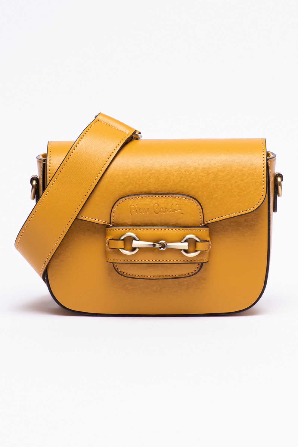 Pierre Cardin, Geanta crossbody de piele si logo, Ocru