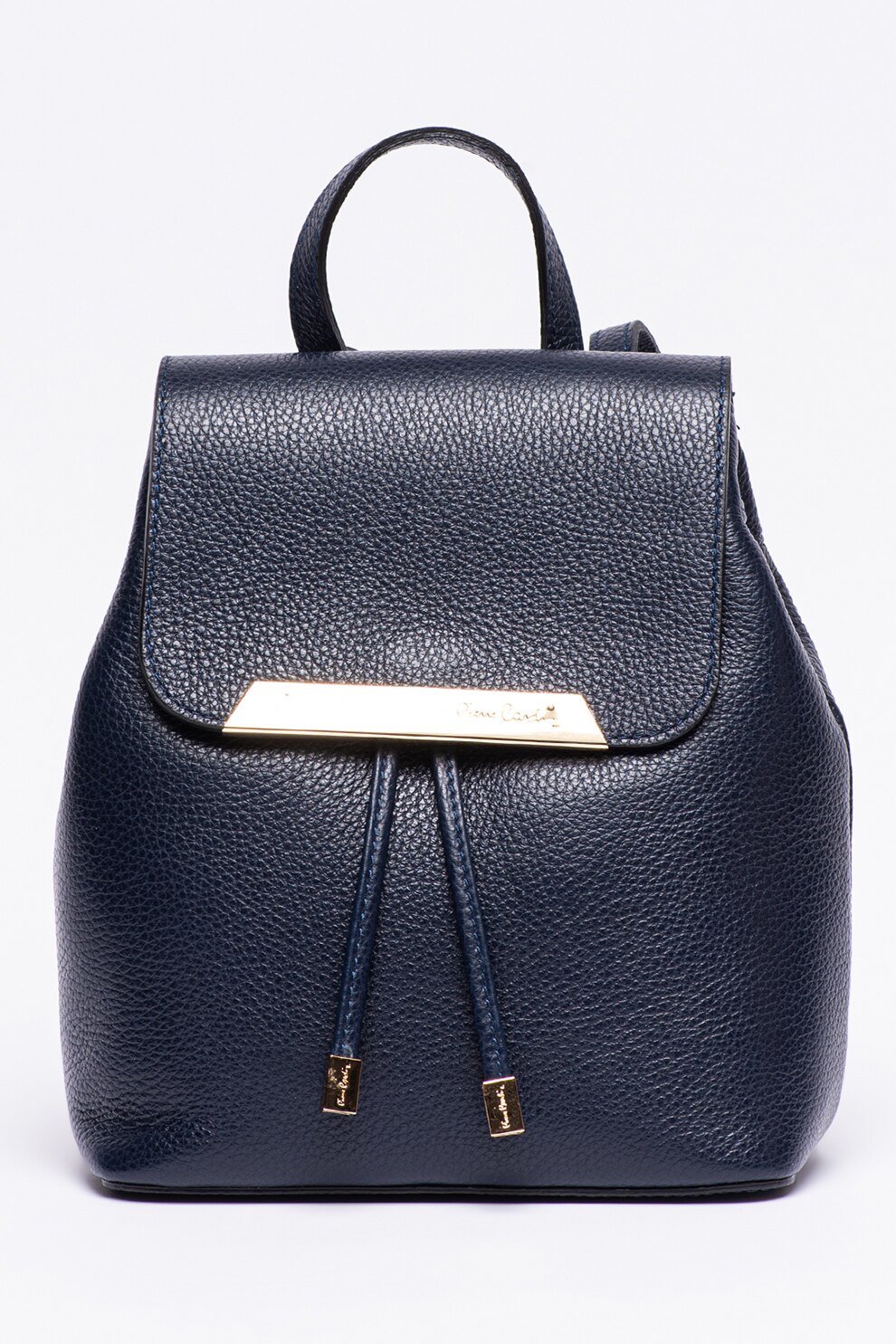 Pierre Cardin, Rucsac de piele cu clapa si logo metalic, Bleumarin inchis