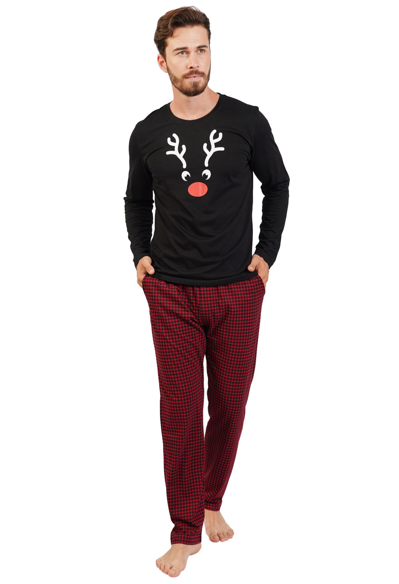 Pijama barbati Gazzaz by Vienetta, model Christmas Time, negru/rosu