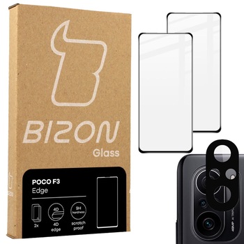 Folie de sticla securizata Bizon Glass Edge - 2 bucati + protectie lentile, Xiaomi Poco F3, negru Folie de sticla securizata Bizon Glass Edge - 2 bucati + protectie lentile, Xiaomi Poco F3, negru