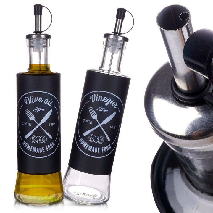Set servire ulei/otet Excellent Houseware, sticla/otel inoxidabil, 6.5x24 cm, 300 ml, negru