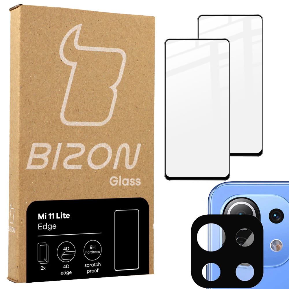 Folie de sticla securizata Bizon Glass Edge - 2 bucati + protectie lentile, Xiaomi Mi 11 Lite, negru
