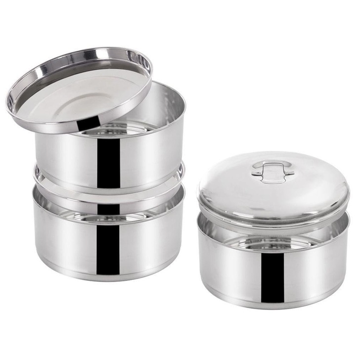 Sufertas De Pranz 3-Nivele Cu Capace Si Suport, Orion, 3 Recipiente + 3 Capace, Capacitate 3X1.3 L, 27x16 cm, Otel Inoxidabil, Maner Pentru Transport, Nu Este 100% Etans, Argintiu