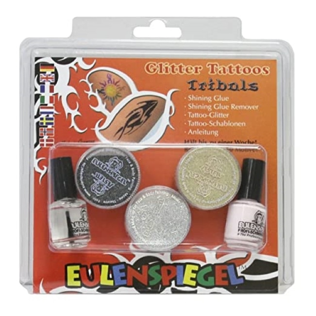Set tatuaje temporare glitter tattoos TRIBALS Eulenspiegel cu sabloane,glitter, adeziv si remover