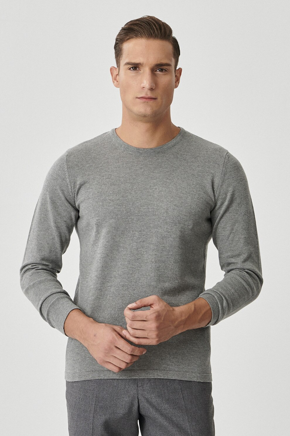 AC&Co, Pulover din amestec de bumbac cu decolteu la baza gatului, Gri melange