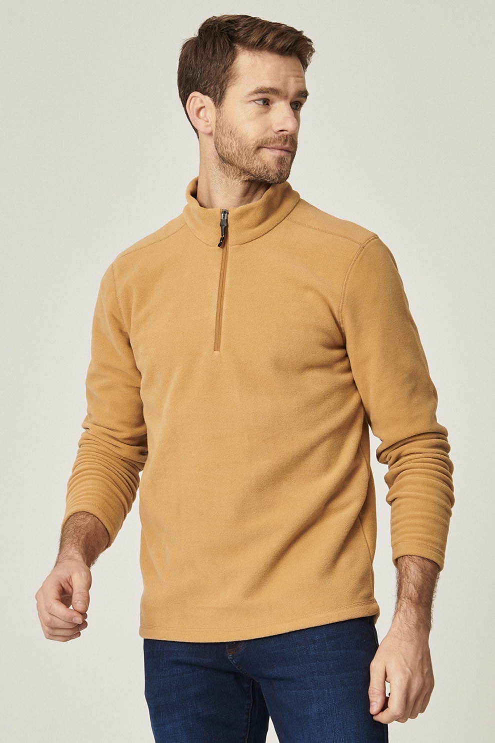 AC&Co, Bluza sport din material fleece cu fenta cu fermoar, Bej