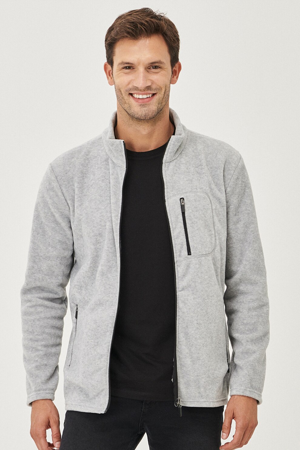 AC&Co, Bluza sport din material fleece cu buzunar cu fermoar pe piept, Gri melange