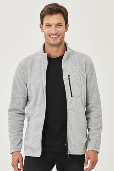 AC&Co, Bluza sport din material fleece cu buzunar cu fermoar pe piept, Gri melange AC&Co, Bluza sport din material fleece cu buzunar cu fermoar pe piept, Gri melange