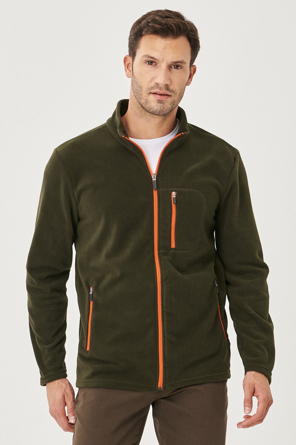 AC&Co, Bluza sport din material fleece cu buzunar cu fermoar pe piept, Kaki