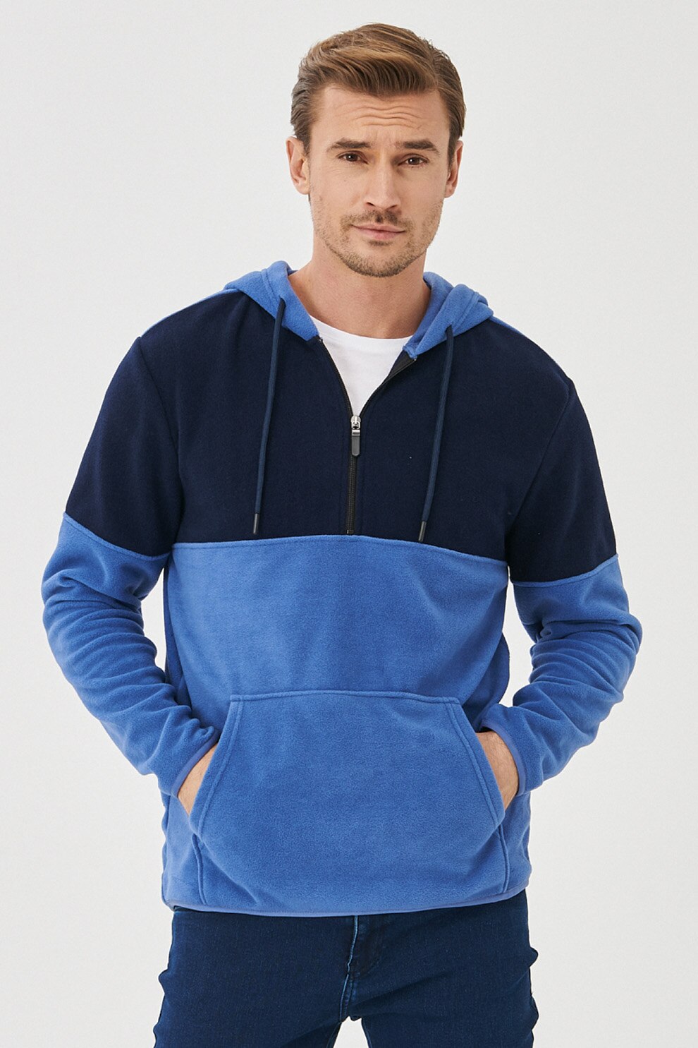 AC&Co, Hanorac din fleece cu design colorblock, Albastru