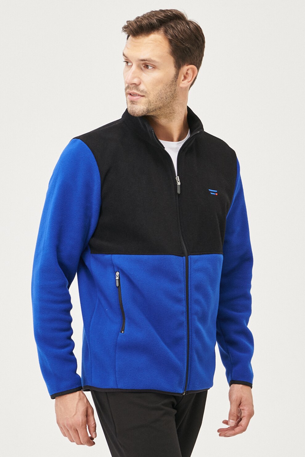 AC&Co, Bluza sport din material fleece cu fermoar, Negru/Albastru