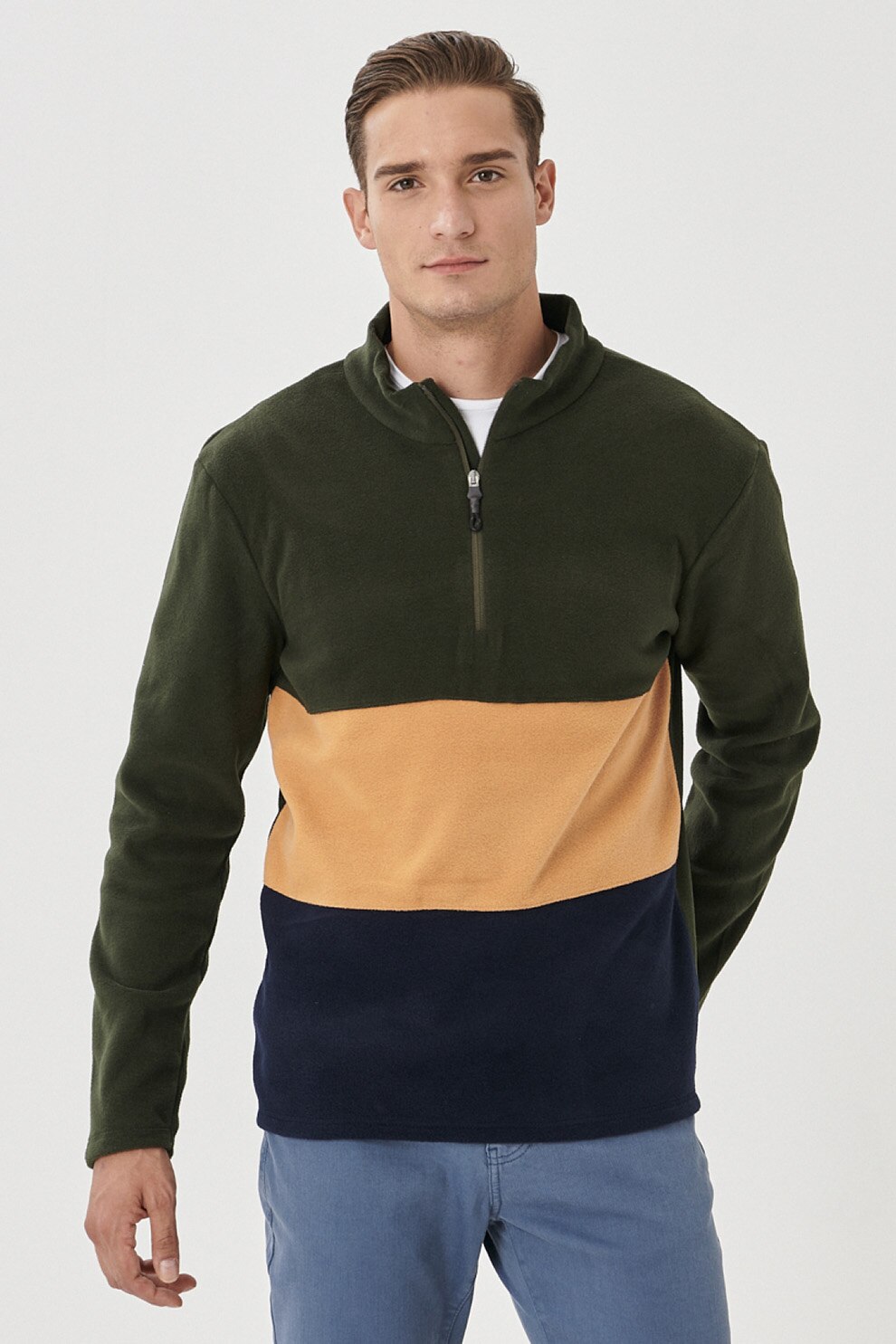 AC&Co, Bluza sport colorblock cu fenta cu fermoar, Kaki/Bej/Bleumarin