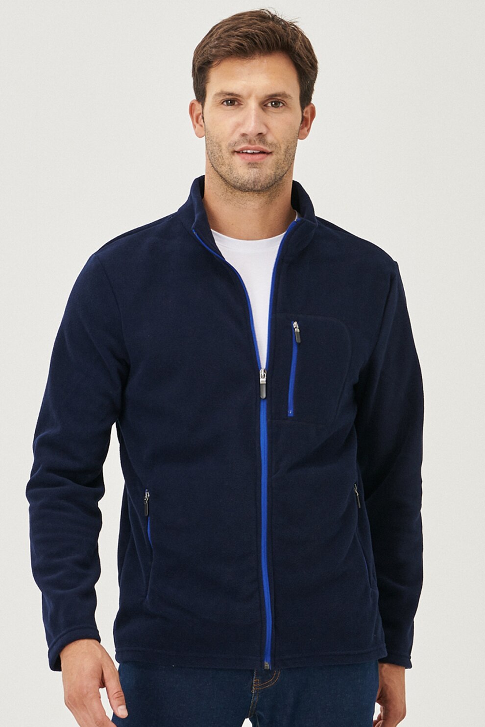 AC&Co, Bluza sport din material fleece cu buzunar cu fermoar pe piept, Bleumarin