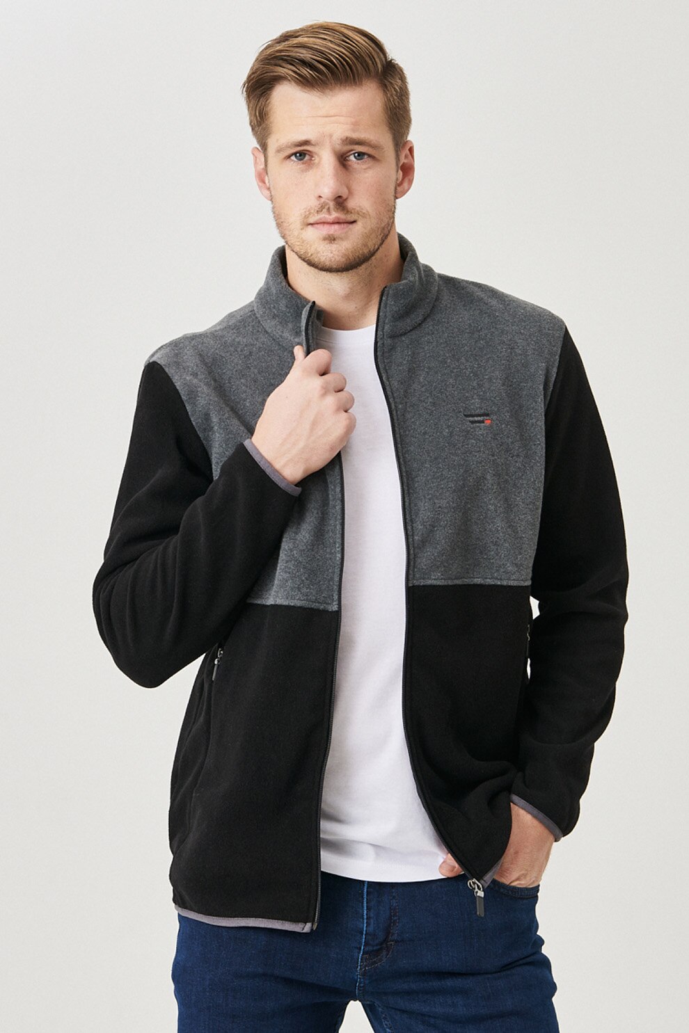 AC&Co, Bluza sport din material fleece cu fermoar, Negru/Gri melange