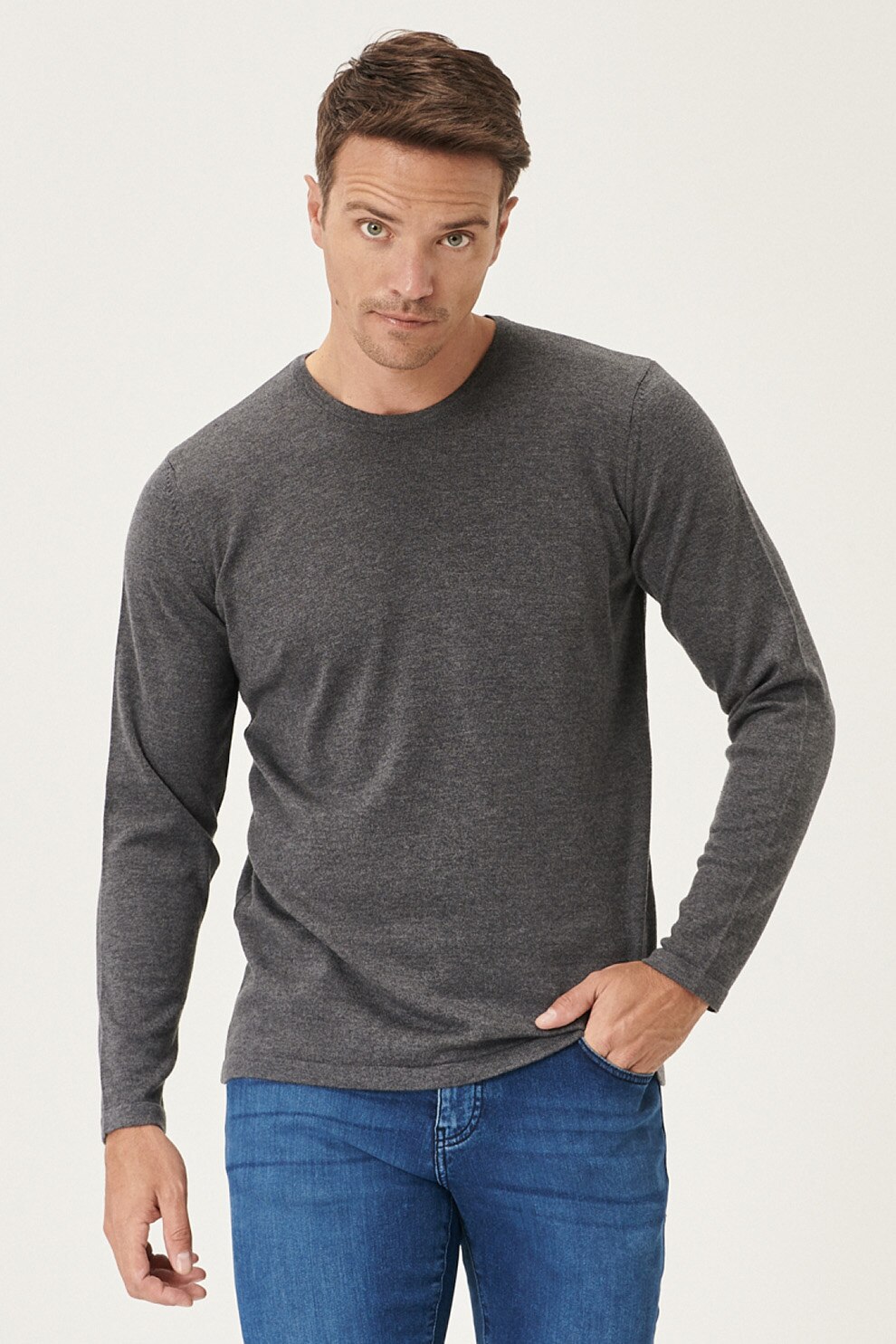 AC&Co, Pulover din amestec de bumbac cu decolteu rotund, Gri inchis melange