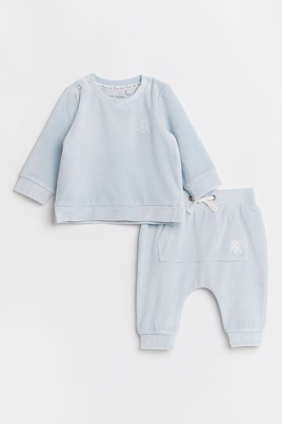 River Island, Set de bluza sport de catifea si pantaloni sport - 2 piese, Albastru pal