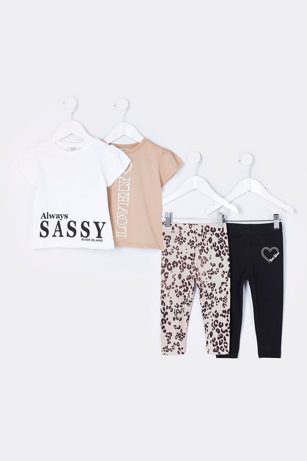 River Island, Set de tricou cu imprimeu si colanti - 4 piese, Bej/Negru/Alb