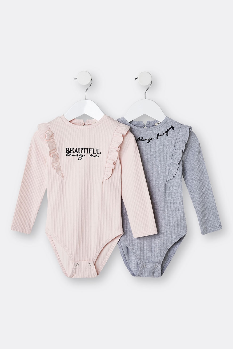 RIVER ISLAND, Set de body-uri din amestec de bumbac cu aspect striat - 2 piese, Roz pal/Gri