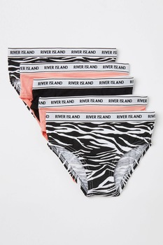 RIVER ISLAND, Set de chiloti cu model si banda cu logo - 5 perechi, Negru/Roz/Alb RIVER ISLAND, Set de chiloti cu model si banda cu logo - 5 perechi, Negru/Roz/Alb