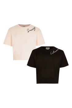 RIVER ISLAND, Tricou de bumbac cu imprimeu text, Roz piersica/Negru RIVER ISLAND, Tricou de bumbac cu imprimeu text, Roz piersica/Negru