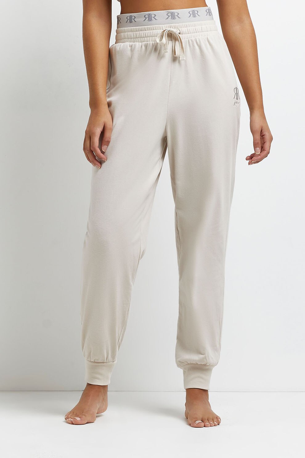 River Island, Pantaloni sport de bumbac cu logo, Alb fildes