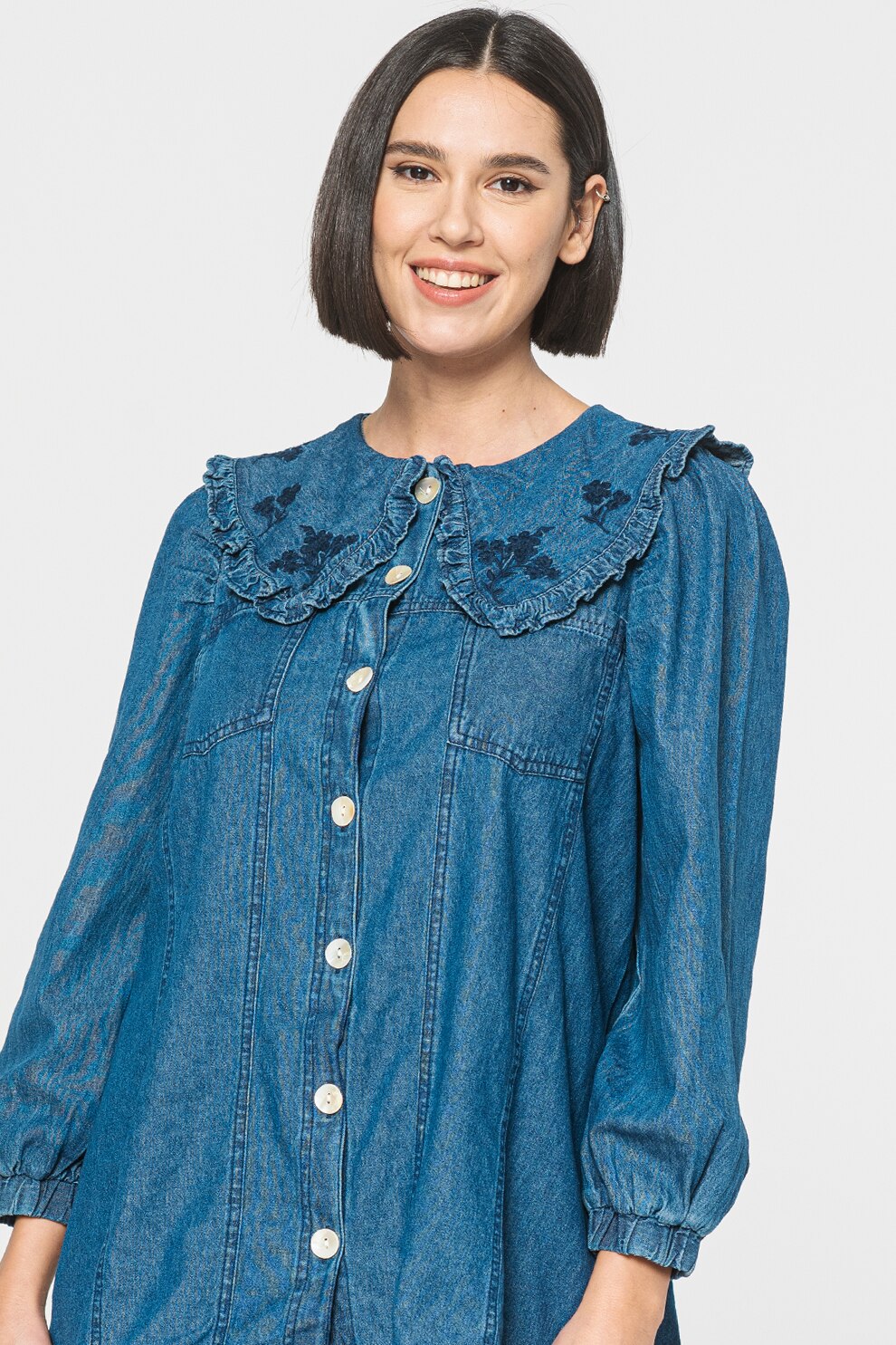 River Island, Camasa de denim cu guler Peter-Pan, Albastru