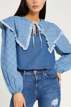 River Island, Bluza din denim cu guler Baby doll, Albastru River Island, Bluza din denim cu guler Baby doll, Albastru