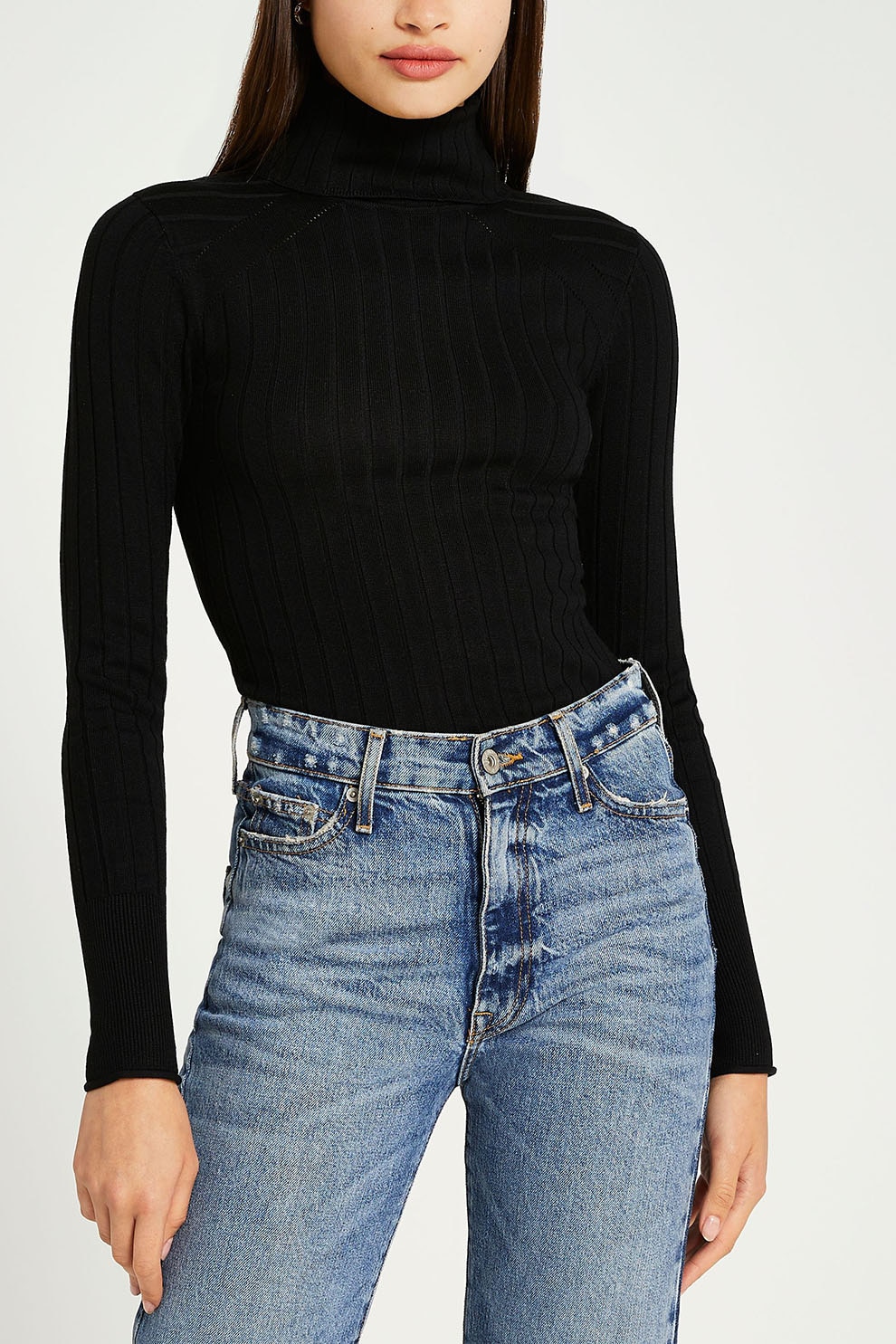 River Island, Pulover cu striatii si guler inalt, Negru