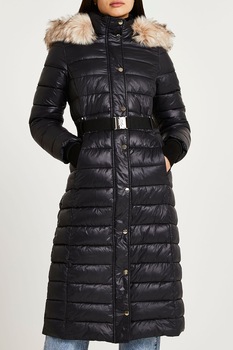 River Island, Geaca midi cu blana sintetica detasabila, Negru, XS River Island, Geaca midi cu blana sintetica detasabila, Negru, XS