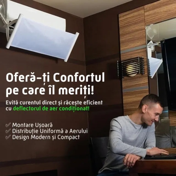 Deflector pentru protectie curent aer conditionat, Empria, ajustabil pe 4 niveluri, retractabil, Alb