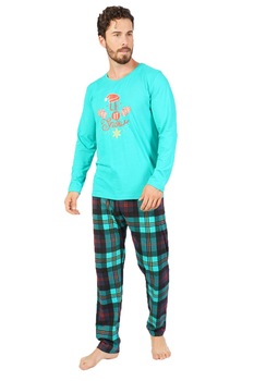 Pijamale barbati SRN CRACIUN, maneca lunga, pantaloni lungi, imprimeu LET IT SNOW, Verde