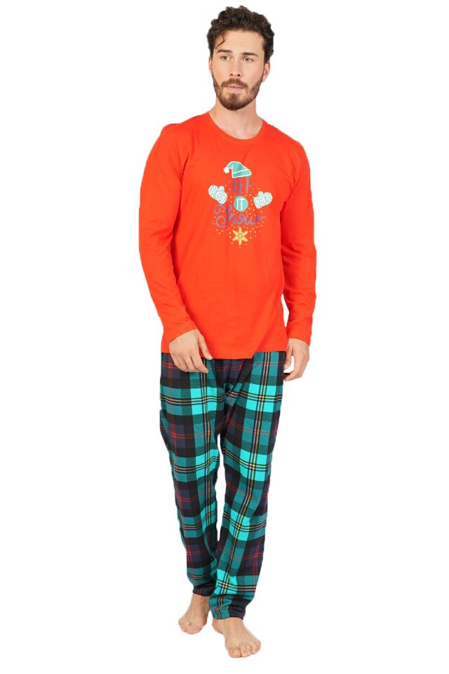 Pijamale barbati SRN CRACIUN, maneca lunga, pantaloni lungi, imprimeu LET IT SNOW, Rosu