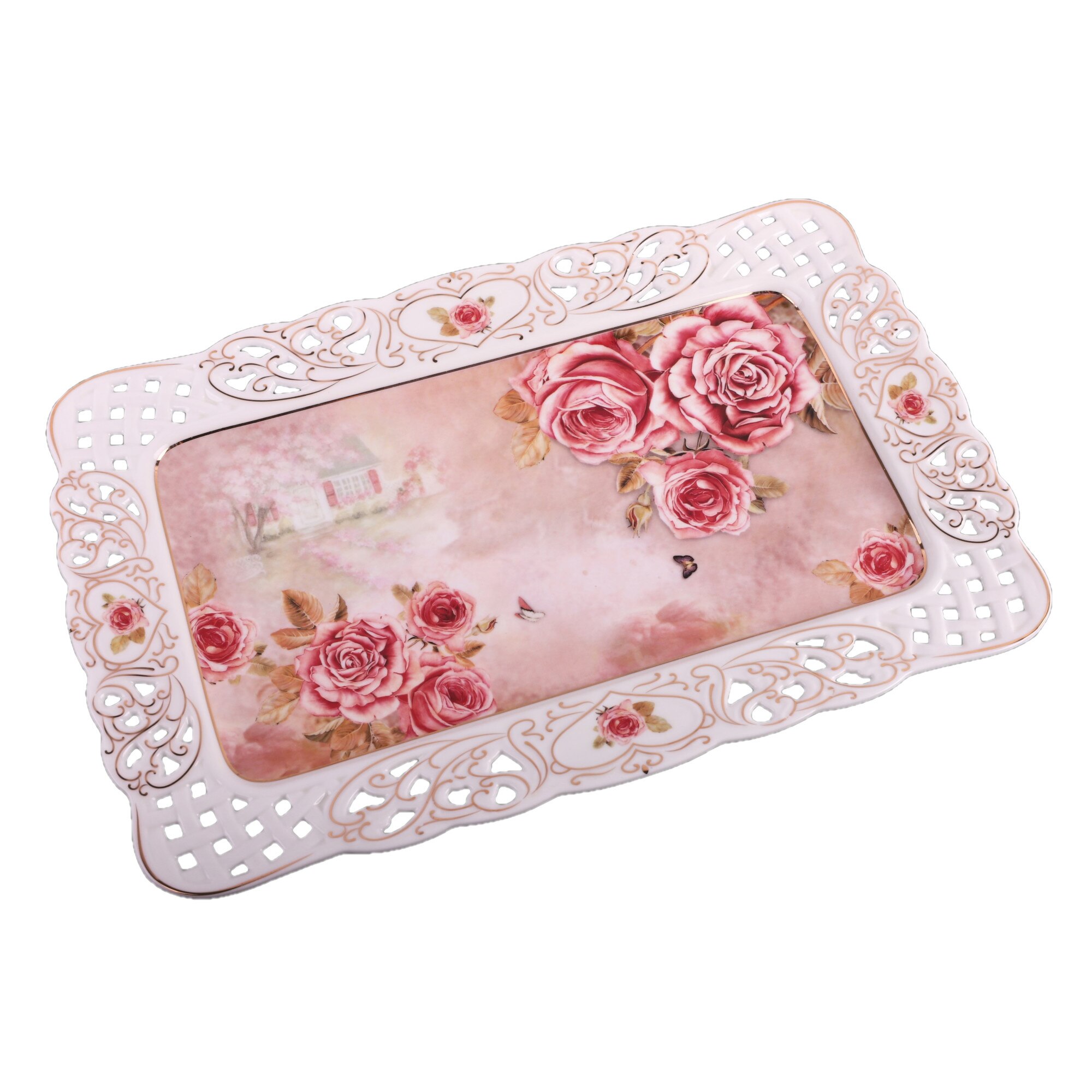 Platou servire , bordura dantelata ,imprimeu floral,36,5 * 23,5 * 3 cm, Forma dreptunghiulara, R